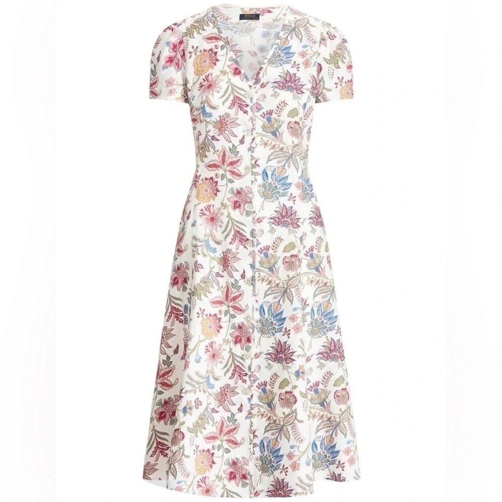 Polo Ralph Lauren Floral 100% Linen V-Neck Midi Dress Pink Elegant 8/M - Picture 5 of 16